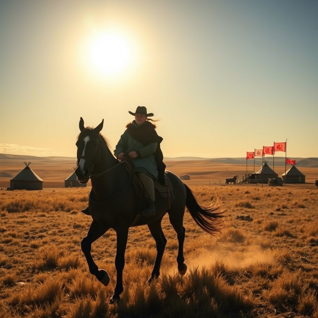 Средневековая Монголия, почтовый гонец на свежем коне скачет по степи между станциями яма