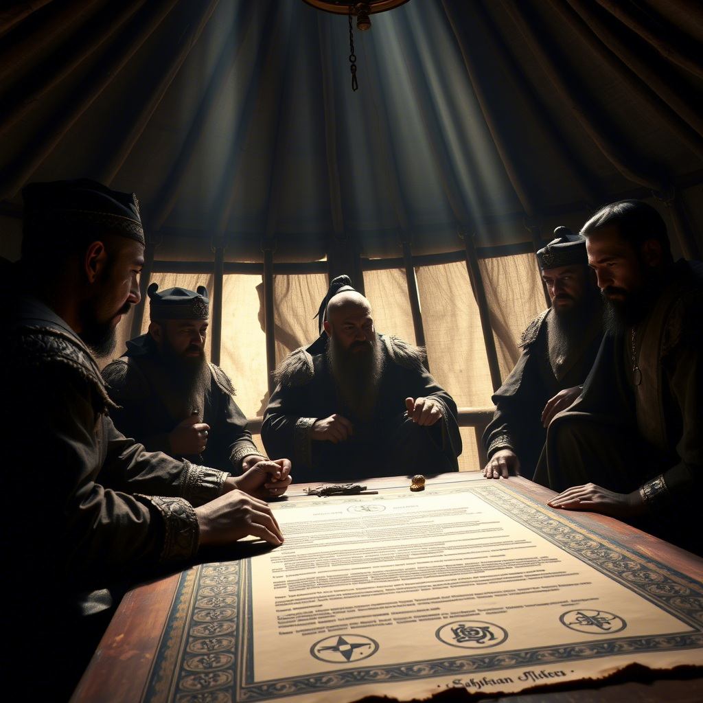 Чингисхан в окружении своих советников диктует положения Ясы, средневековая юрта, полутень, пергамент и гравировка символов власти