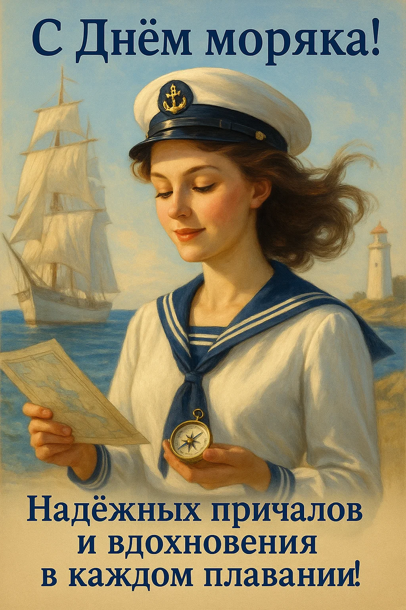 Открытка из серии «День моряка» создана по моей задумке с помощью нейросети.