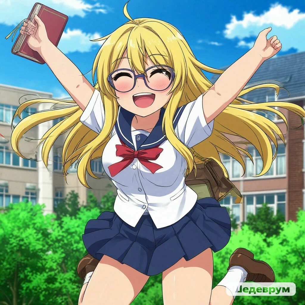 Счастливая школьница сдала экзамен. Я дала нейросети задание нарисовать Полину в стиле аниме, так как дочь любит этот жанр японских мультфильмов. 