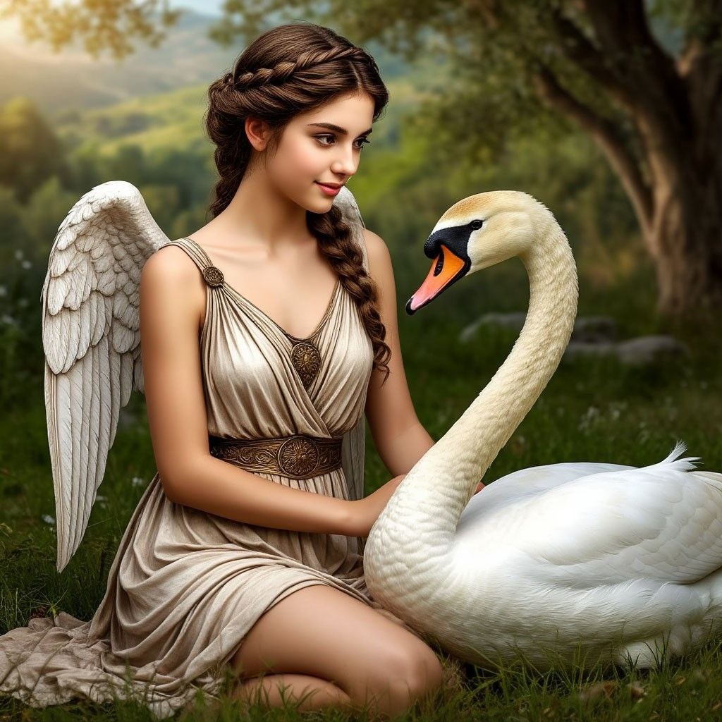 Немезида и Зевс в виде лебедя (нейросеть)