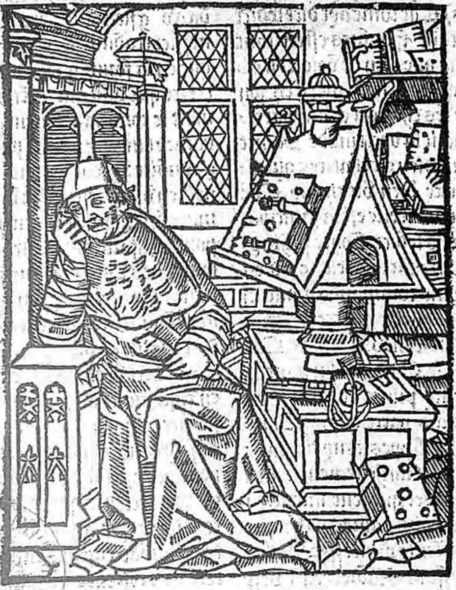 Гравюра, на которой изображен Кретьену де Труа в своей мастерской, 1530 год / Bibliothèque Nationale de France