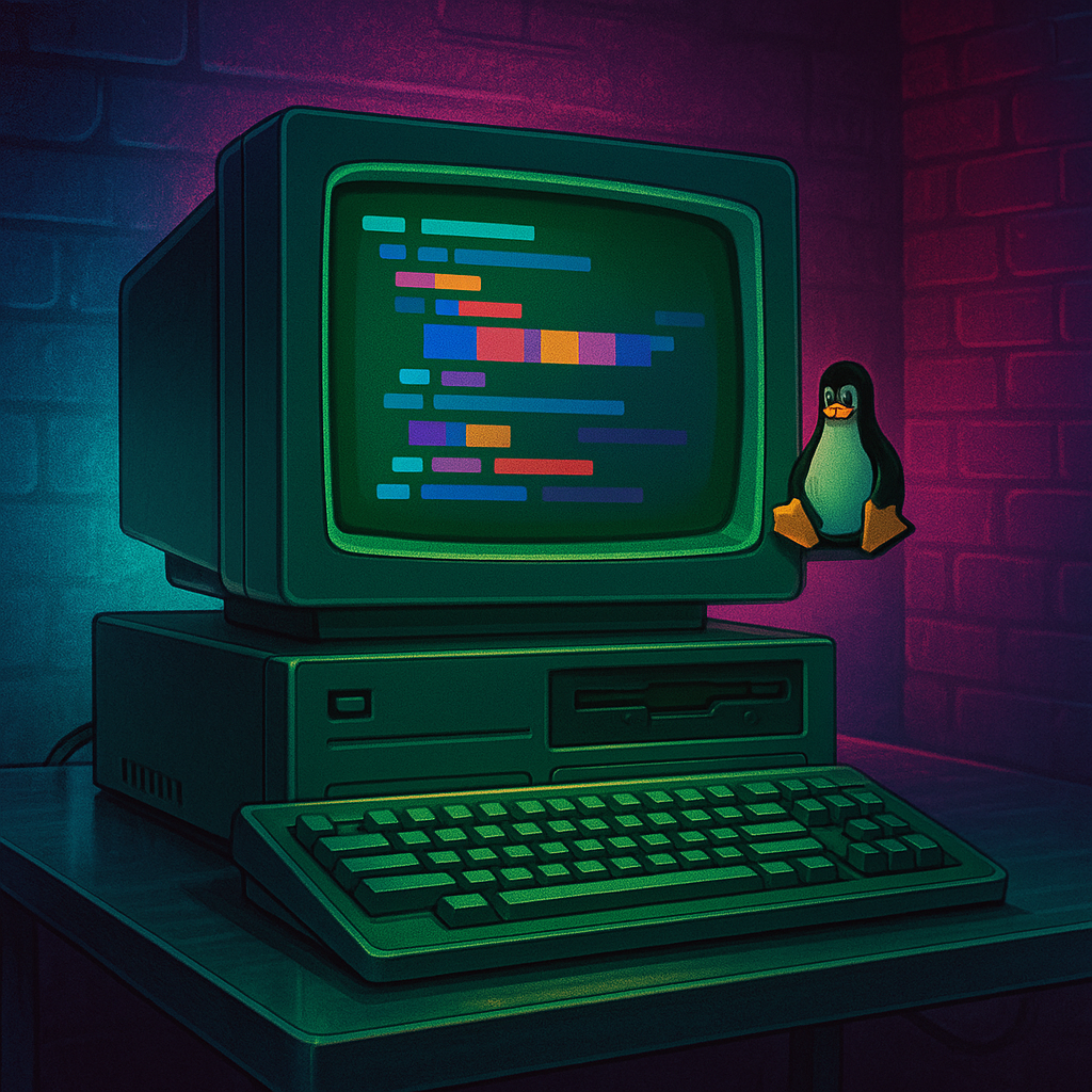 Ретрофутуристический MS-DOS-компьютер с зелёным монохромным экраном и наклейкой Tux светится неоновыми оттенками, намекая на встречу старой школы и современного Rust-редактора