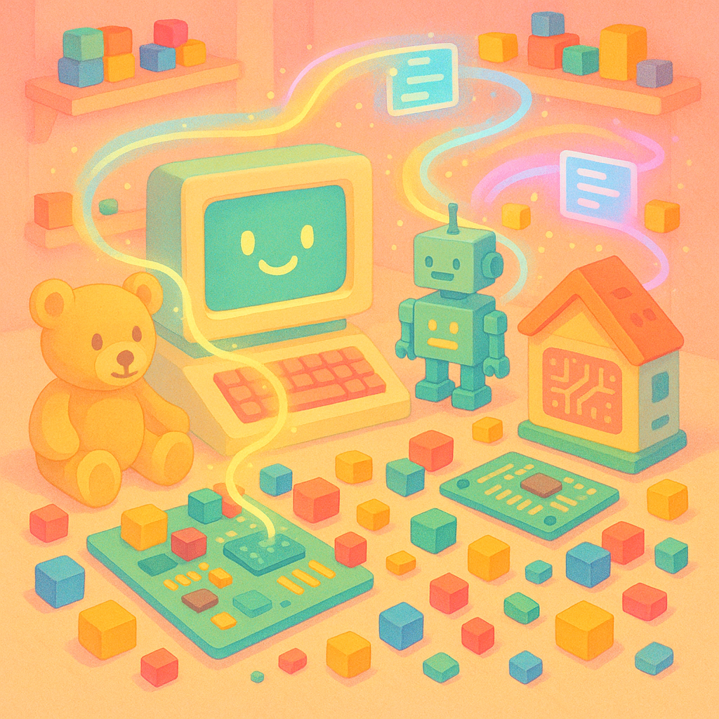 Пастельная «мастерская радости» — улыбающийся ретро-компьютер, игрушечный робот и тёплые кубики-платы, связанные неоновыми потоками кода, передают лёгкость и азарт создания «игрушечного» софта.