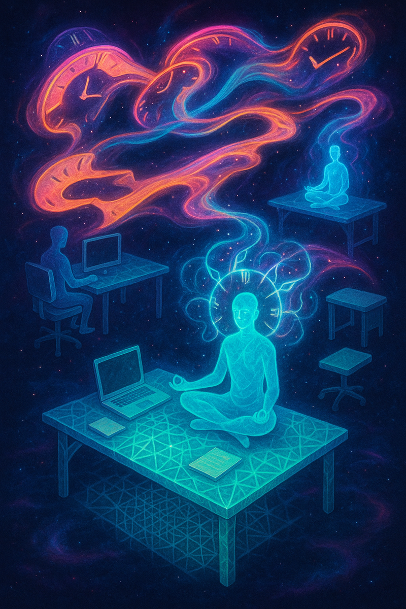 В висящем в космосе «офисе» работники-силуэты медитируют за фрактальными столами, а расплавленные циферблаты растворяются в неоновых струях — намёк на то, что продуктивность создаёт саму ткань времени.