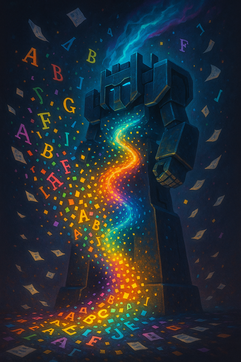 Разноцветные буквенные «токены» взрываются и превращаются в сияющие кубики-байты, устремляясь в спираль к тёмному трансформеру-монолиту — визуальный образ смены токенизации байтовыми моделями BLT.
