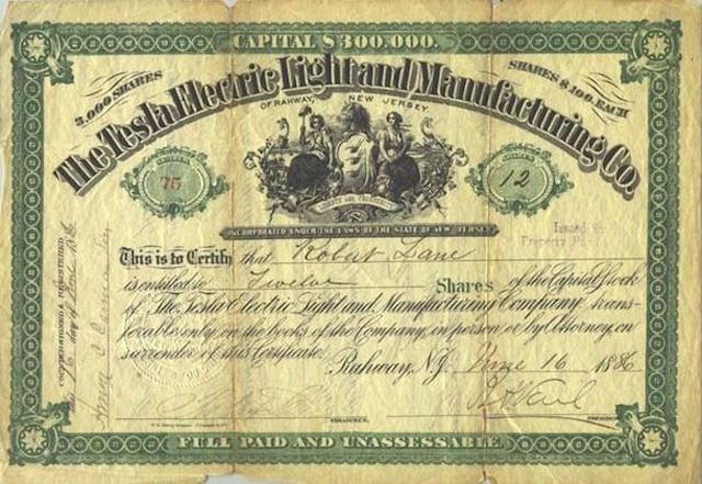 Акционерный сертификат Tesla Electric Light and Manufacturing Company