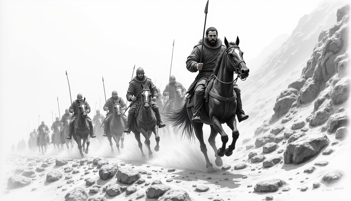 Отряд тюркских всадников во главе с Аксунгаром отчаянно спускается с горы к своему родному стойбищу