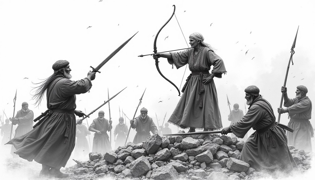 Мать Османа, Халиме-хатун, вместе с женщинами и стариками племени Кайы героически обороняет стойбище от вражеской армии