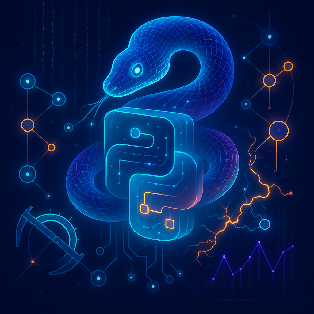 Неоновый «питон»-ИИ обвивает сияющий блок-процессор, а вокруг пульсируют графы вызовов и вспышки отладки — визуальная метафора Gnosis Mystic, дающего ИИ прямой доступ к функциям Python во время выполнения.