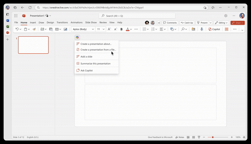 Изображение: Microsoft. Создание презентаций в "Microsoft PowerPoint" с использованием умного помощника "Microsoft 365 Копилот" путём прикрепления документов, доступных в облачном хранилище "OneDrive", или же в "Microsoft SharePoint".