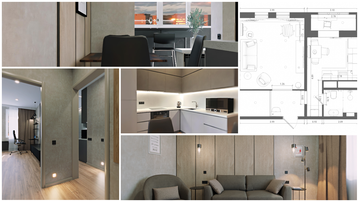 Коллаж с визуализациями и планом квартиры