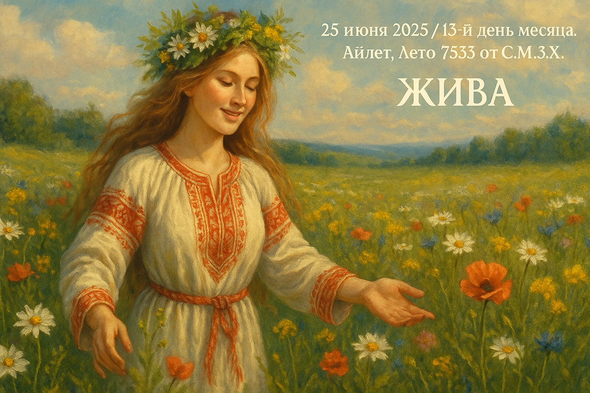 Жива идёт по земле — под её ногами распускаются цветы. Где она коснётся ладонью — оживает иссохшее. В её венце — травы, в волосах — ветер, а в глазах — Свет, который даёт жизнь всему живому.