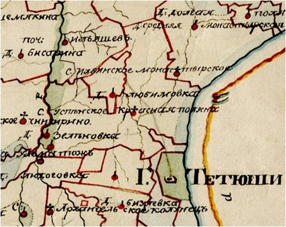 Фрагмент Генеральной карты Казанской губернии Тетюшского уезда 1910 года. Составитель: П. Иванов.