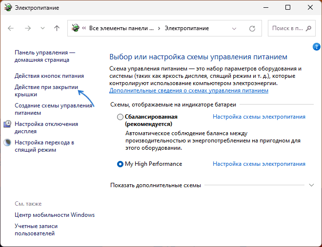 В открывшемся окне в панели слева выберите «Действие при закрытии крышки».