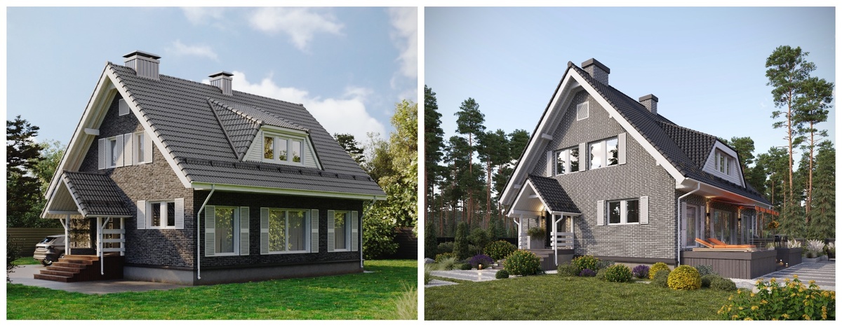 Слева — дом в том виде, в котором его получат Заказчики. Справа — вариант с пристроенным патио и маркизой. Изображения СК БАКО.
