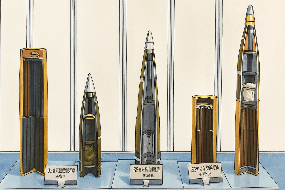 Артиллерийские выстрелы Китай-производства. Крайние справа - гильза и снаряд калибра 155 мм