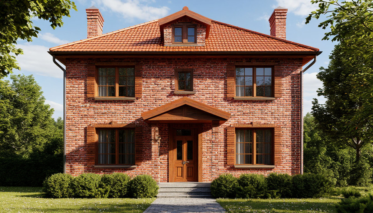 Дом из кирпича с деревянными окнами.