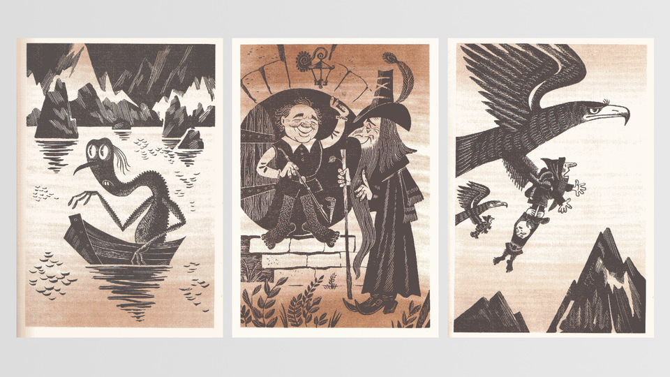   Первое советское издание «Хоббита». Перевод Н. Рахмановой. Издательство «Детская литература», 1976 год. Иллюстрации Михаила Беломлинского