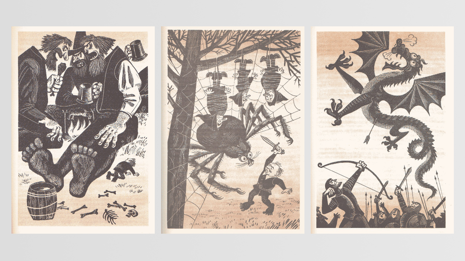   Первое советское издание «Хоббита». Перевод Н. Рахмановой. Издательство «Детская литература», 1976 год. Иллюстрации Михаила Беломлинского