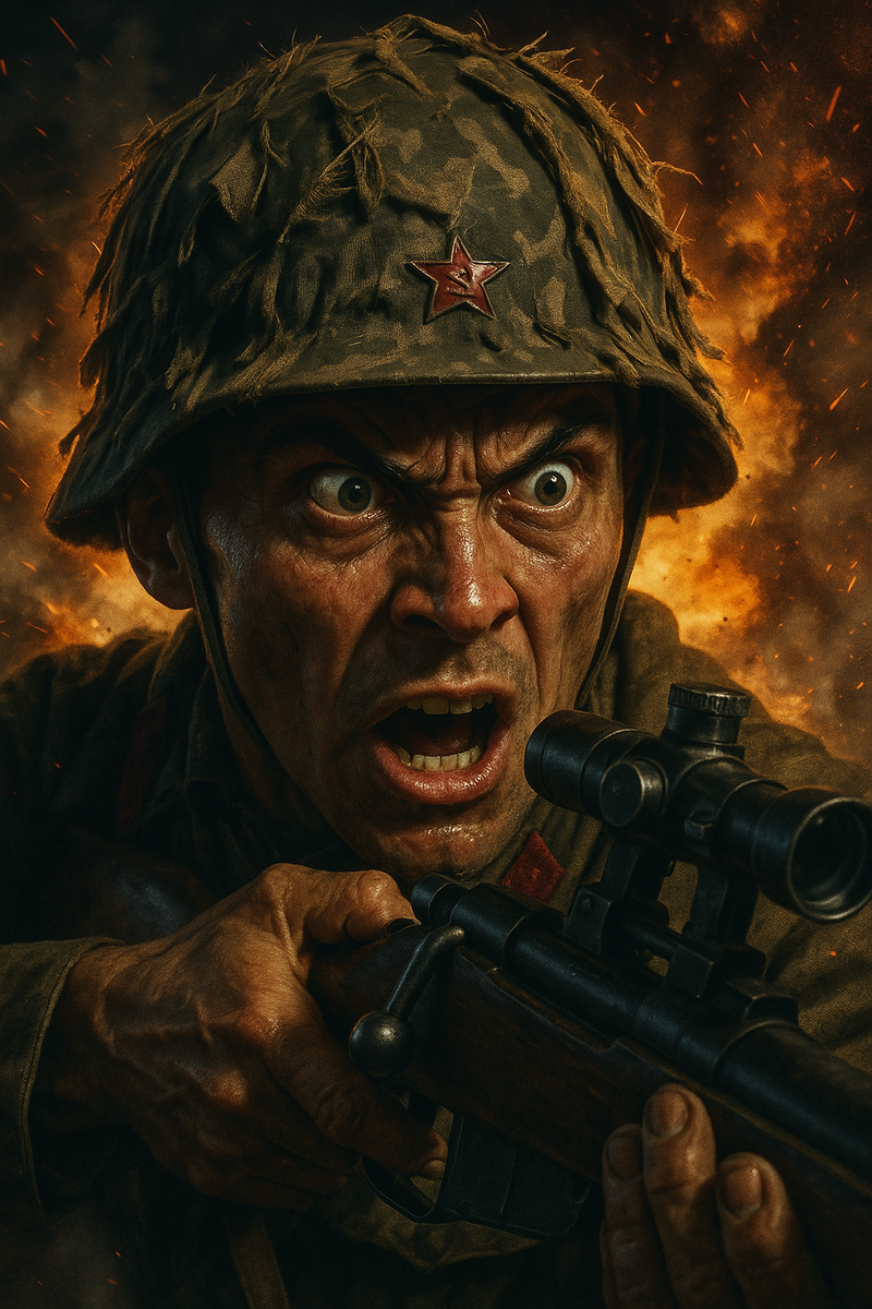 Лицо советского снайпера крупным планом с винтовкой Мосина и взглядом полным ненависти к фашистам.