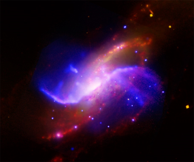Галактика 106 (NGC 4258). Комбинированный снимок инфракрасного, рентгеновского, радио- и видимого диапазонов (рентгеновский - синий, оптический - золотой, инфракрасный - красный, радио - фиолетовый).