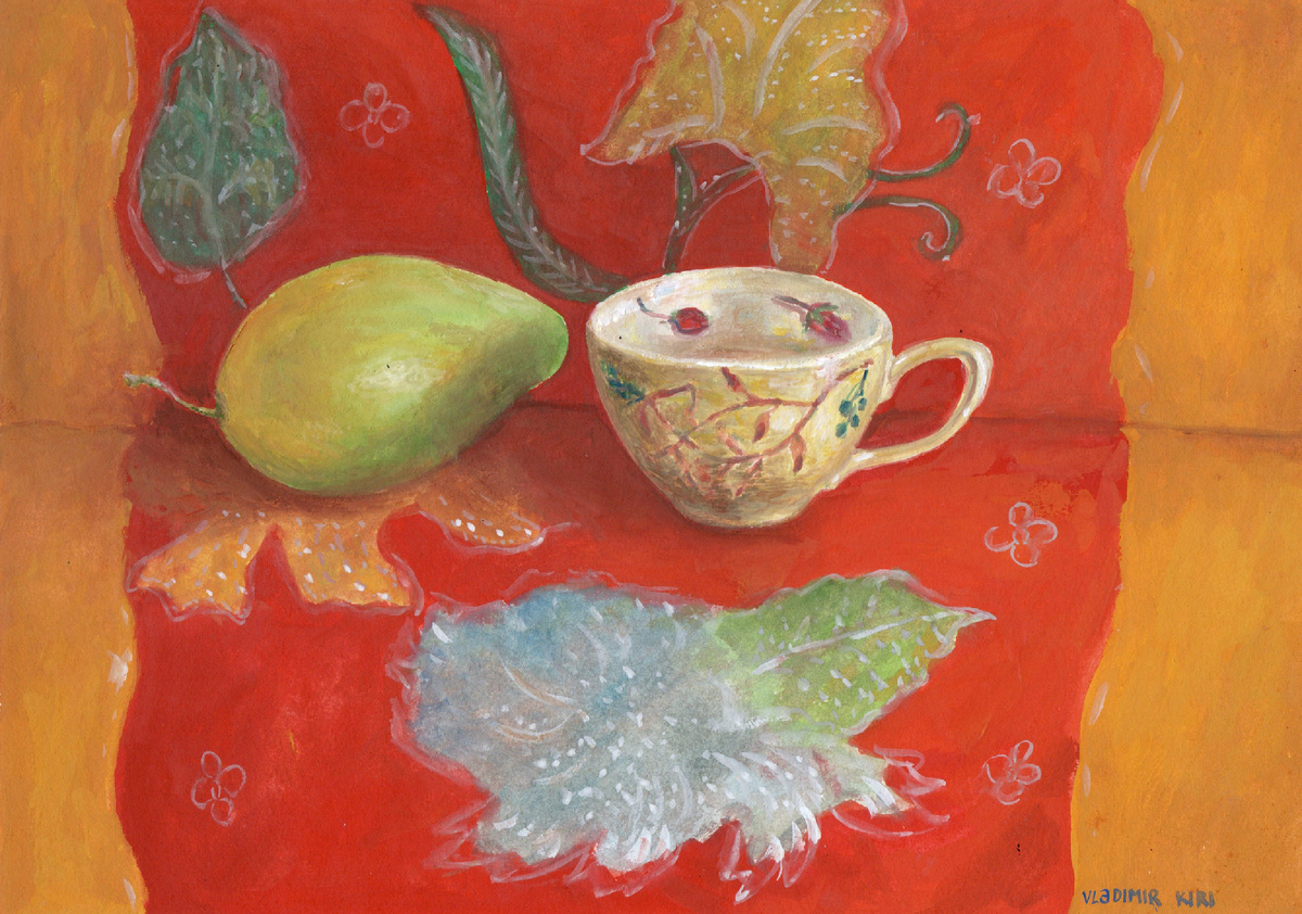 Манго на батиковой скатерти, гуашь, бумага А4, 2022. Вьетнам. Владимир Кири. 