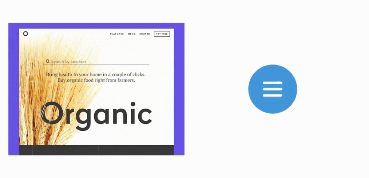 Пример анимации всей страницы при скролле и кнопки меню.