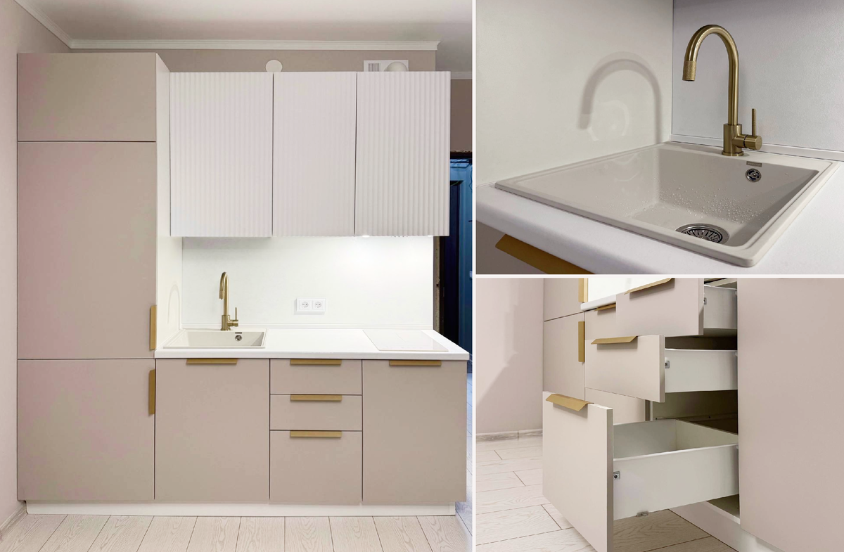 Кухня Регина с фасадами Белла Кашемир (нижняя линия) + Джаз Белый. Стоимость гарнитура без техники 123 706 р.