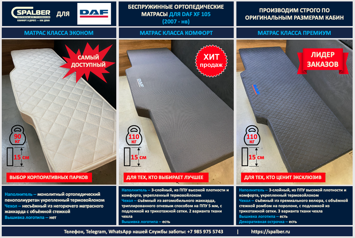 Матрасы СПАЛБЕР – Эконом, Комфорт, Премиум для DAF XF 105