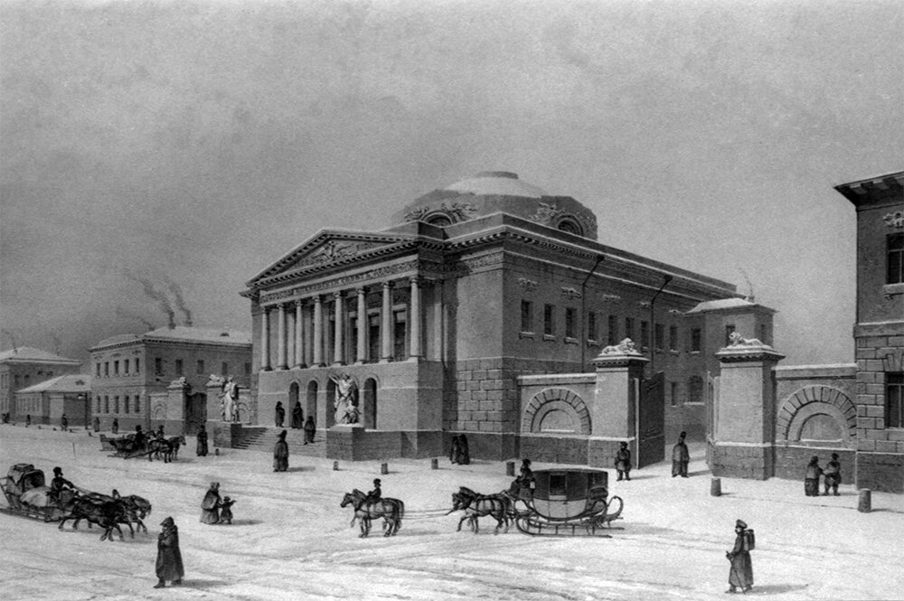    Здание Опекунского совета на улице Солянка в Москве (ныне в здании расположен Российский научный фонд). Построено в 1823–1826 гг. по проекту архитекторов А. Г. Григорьева и Д. И. Жилярди. Гравюра XIX в. Фото: РИА Новости/ Алексей Федосеев