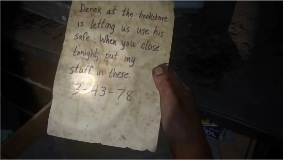 Пример: записка с кодом из The Last of Us для сейфа в магазине.