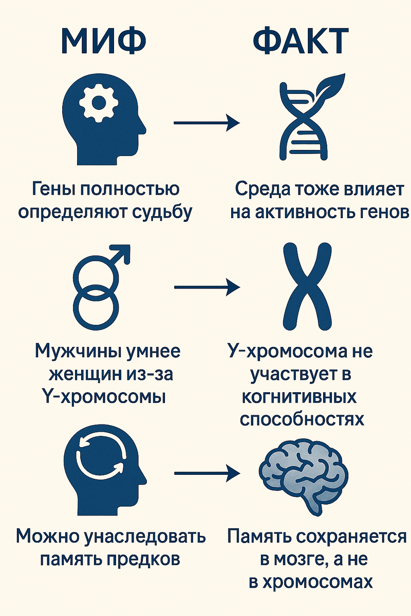 сравнение мифа и реальности - слева популярные заблуждения, справа научные факты о хромосомах]