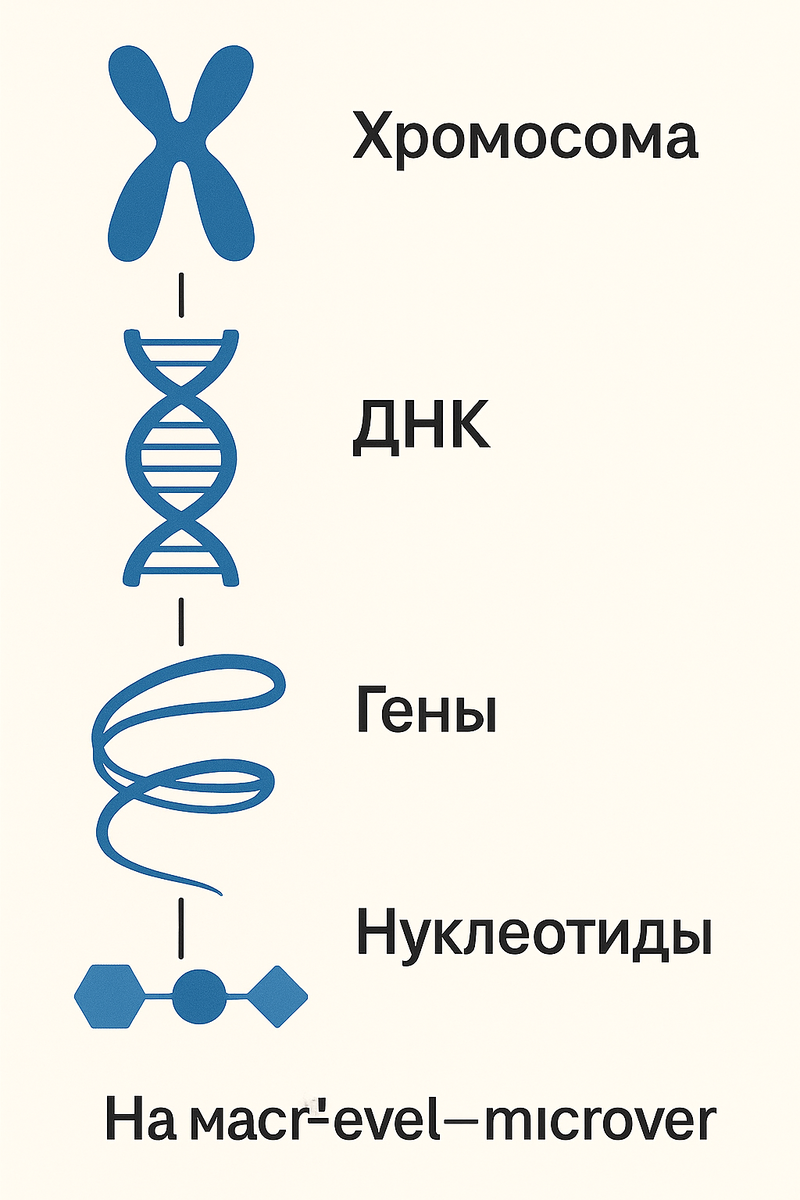 структура хромосомы от макро- до микроуровня - хромосома → ДНК → гены → нуклеотиды