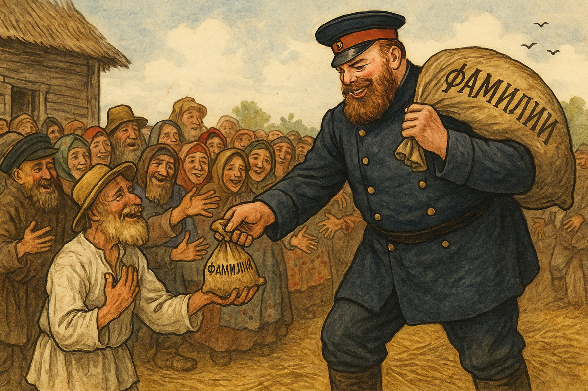 Государь-император Александр III лично раздает крестьянам фамилии. Кто-то считает, что так всё и было.