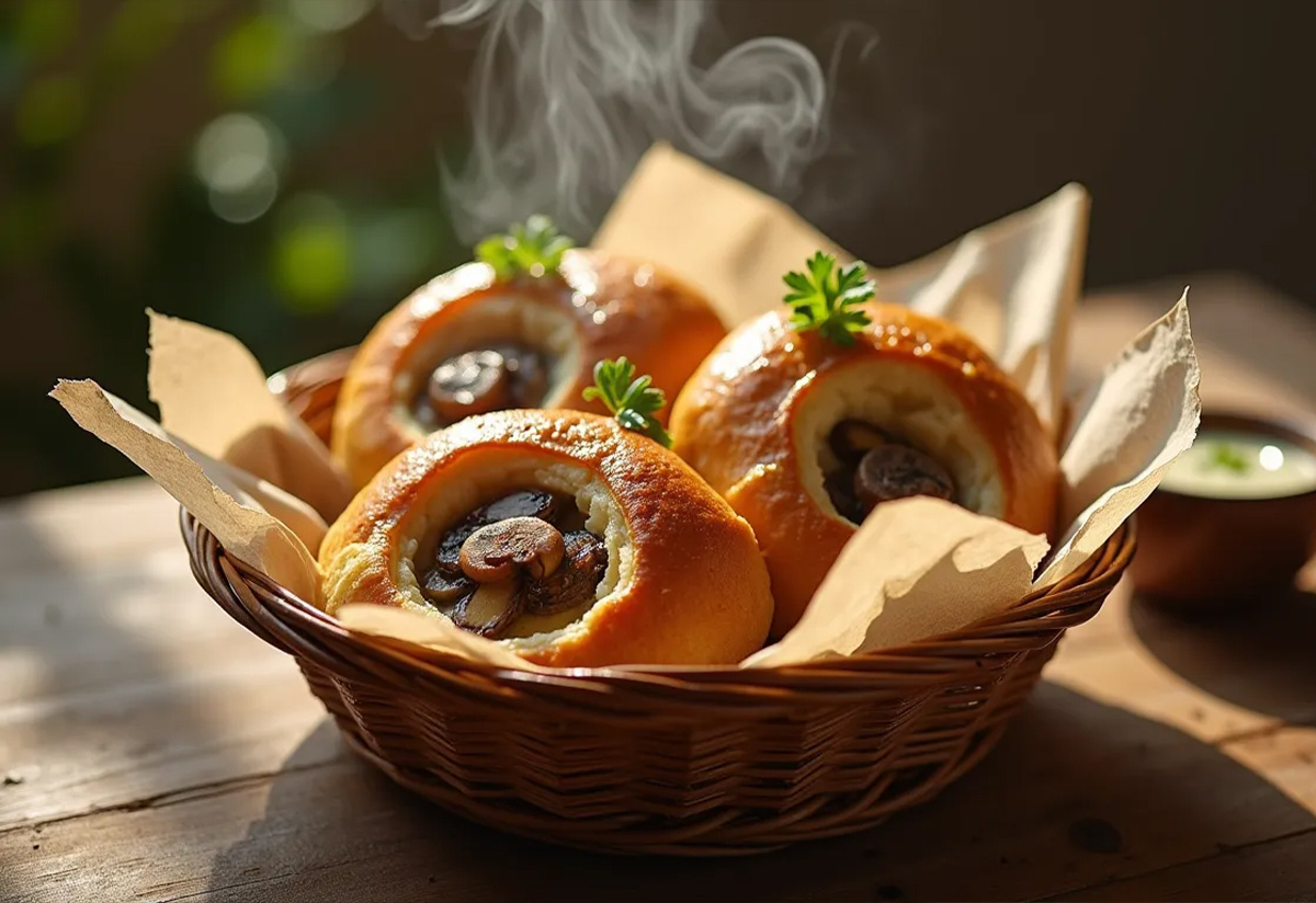 Сливочные пирожки с грибами и сыром на деревянном столе — идеальная домашняя выпечка для уюта и вкуса.