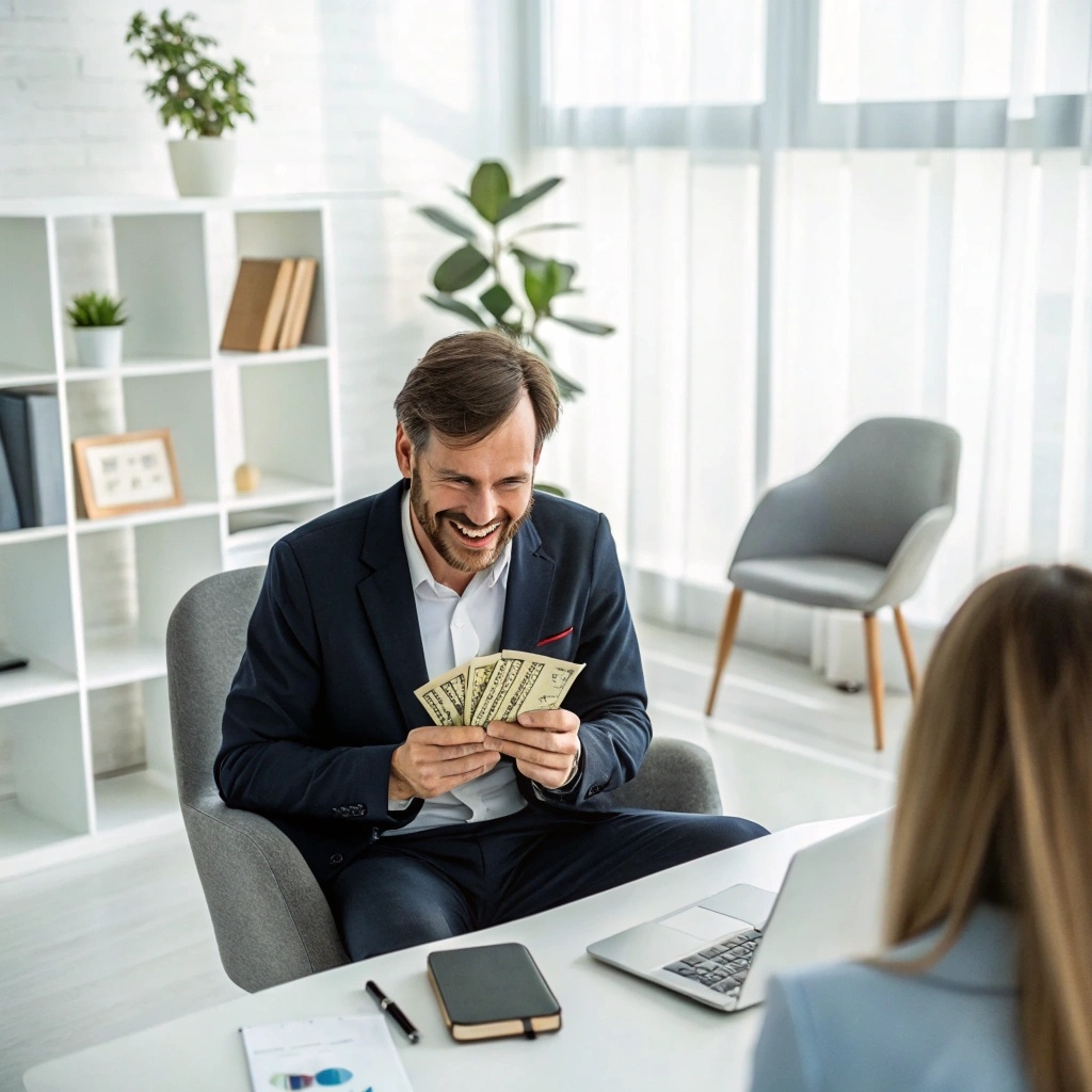Довольный психолог получает деньги от пациента 