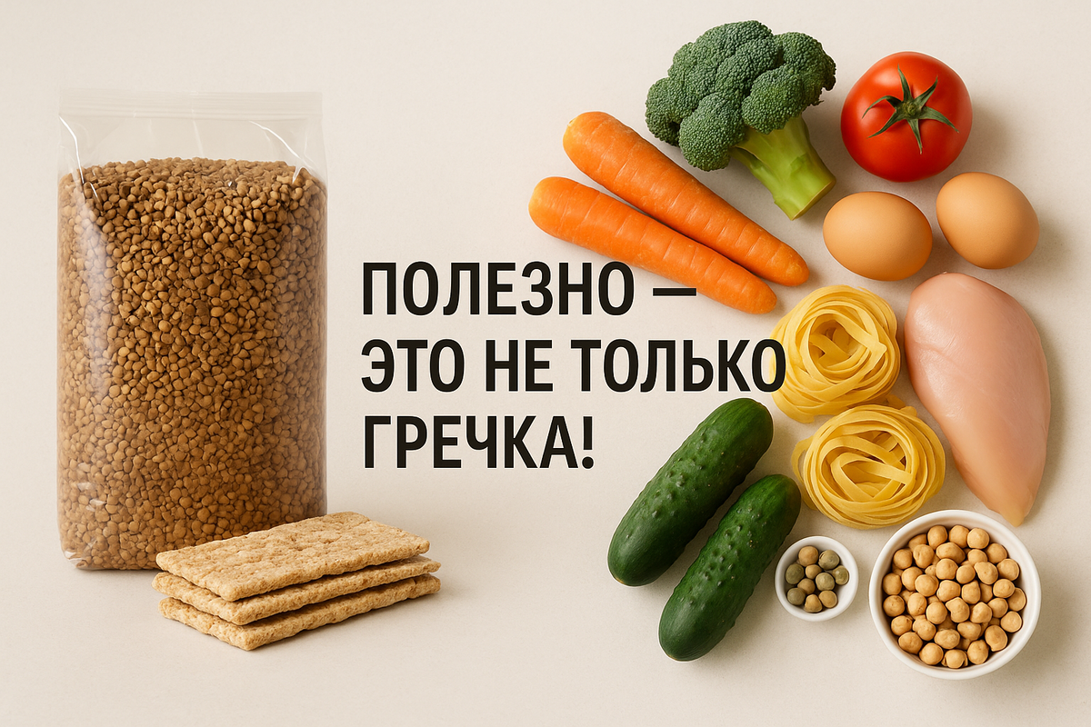 Коллаж из продуктов для бюджетного рациона без ежедневной гречки: овощи, яйца, курица, паста, бобовые