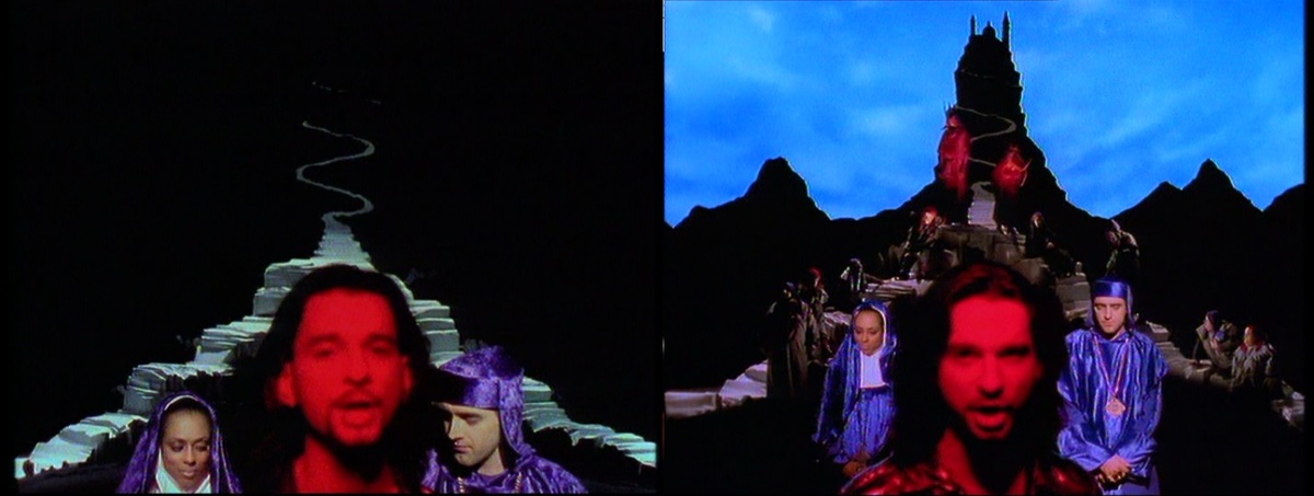 и сменяющийся фон: с угольно-черного небытия 👉в замок в небесах, где уже расположились судьи и присяжные. Дейв словно стоит перед преисподней, обращаясь через третью стену к своему слушателю. 