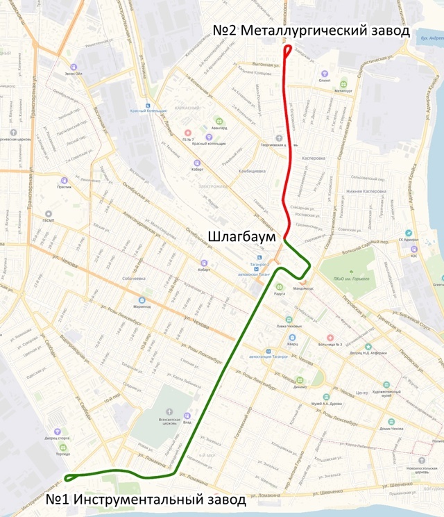 Первая очередь Таганрогского трамвая на современной карте. Голубая полоска снизу — это Азовское море; до Инструментального, а затем и Авиационного завода трамваи шли вдоль него, хоть и поодаль от берега