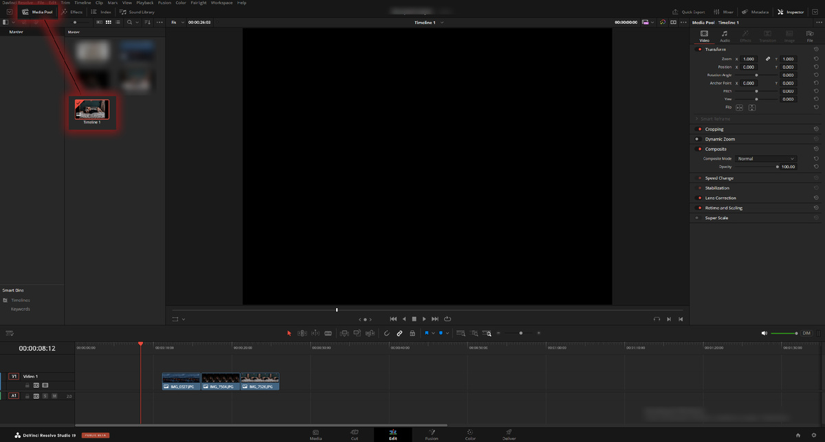 Комната Edit - Media pool - Timeline