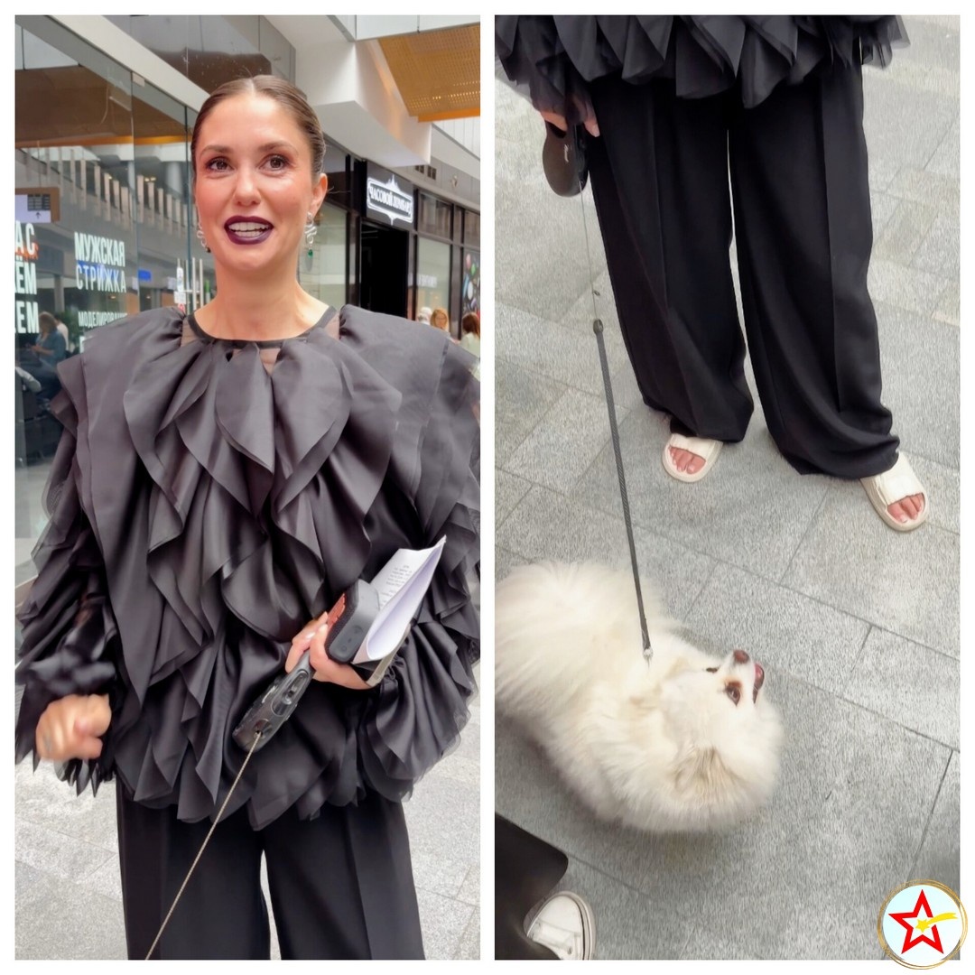 Беременная Агата Муцениеце пришла на съемки с питомцем и дочкой