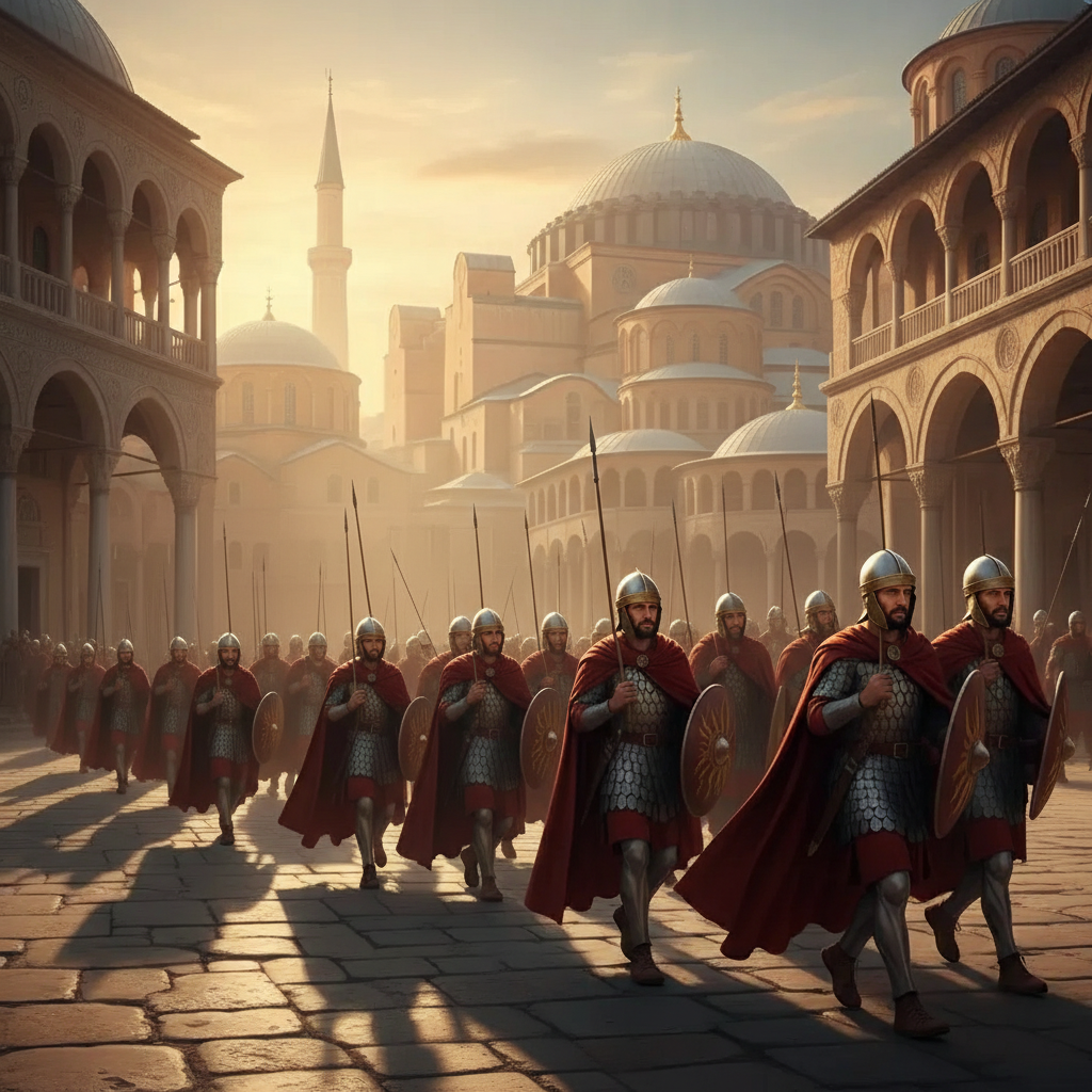 Военный отряд входит в город.