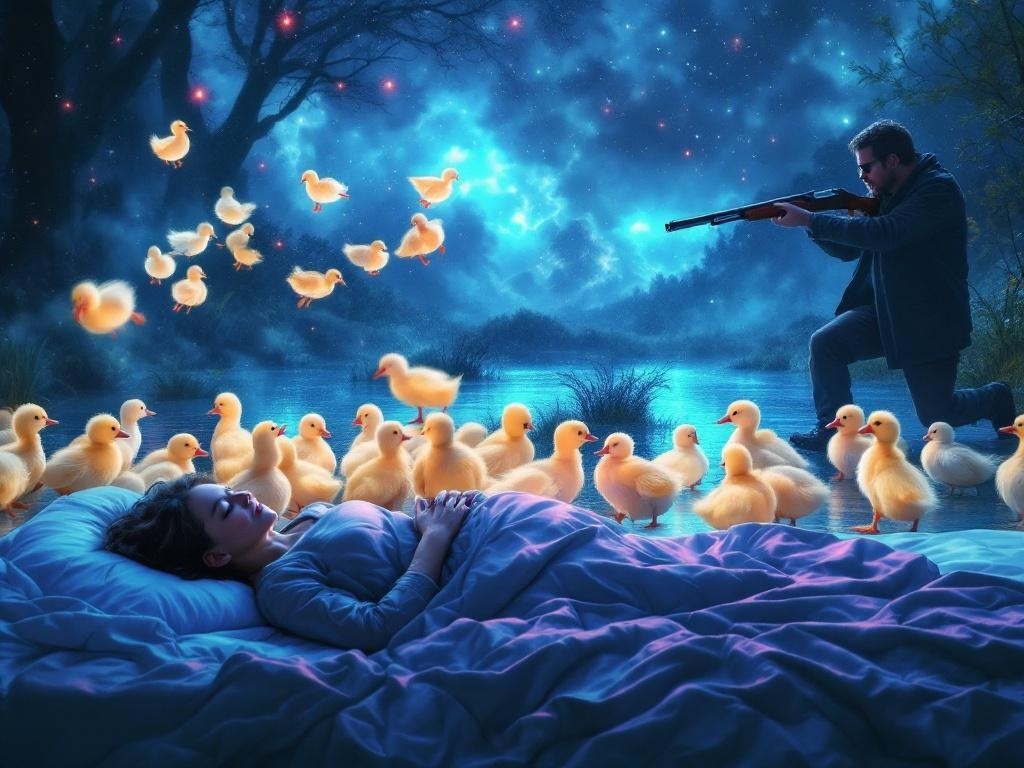   К чему такое снится: Женщина бежит, держа в руках группу утят, на фоне мужчина с ружьем, целящийся в сторону убежавших утят. Один утенок лежит на земле рядом с мужчиной.