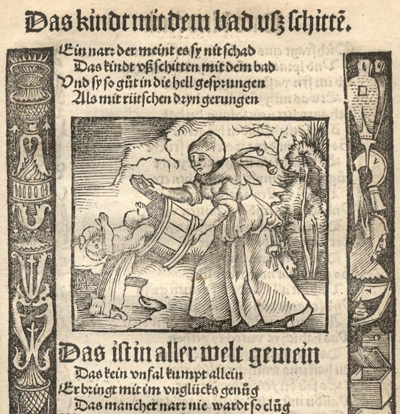 Doktor Murners Narrenbeschwörung (1512), das Kind mit dem Bade ausschütten, Ex Bibliotheca Gymnasii Altonani