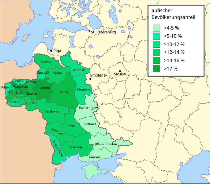 Черта оседлости и процент еврейского населения в её пределах в 1905 г. Википедия.
