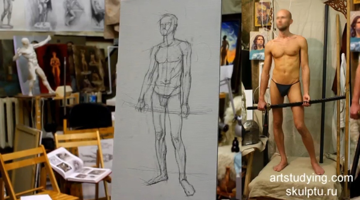 Кадр урока из источника "Мужская фигура в контрапосте. Гризайль (раскрытие) - Обучение живописи. Масло. Фигура, 16 серия"