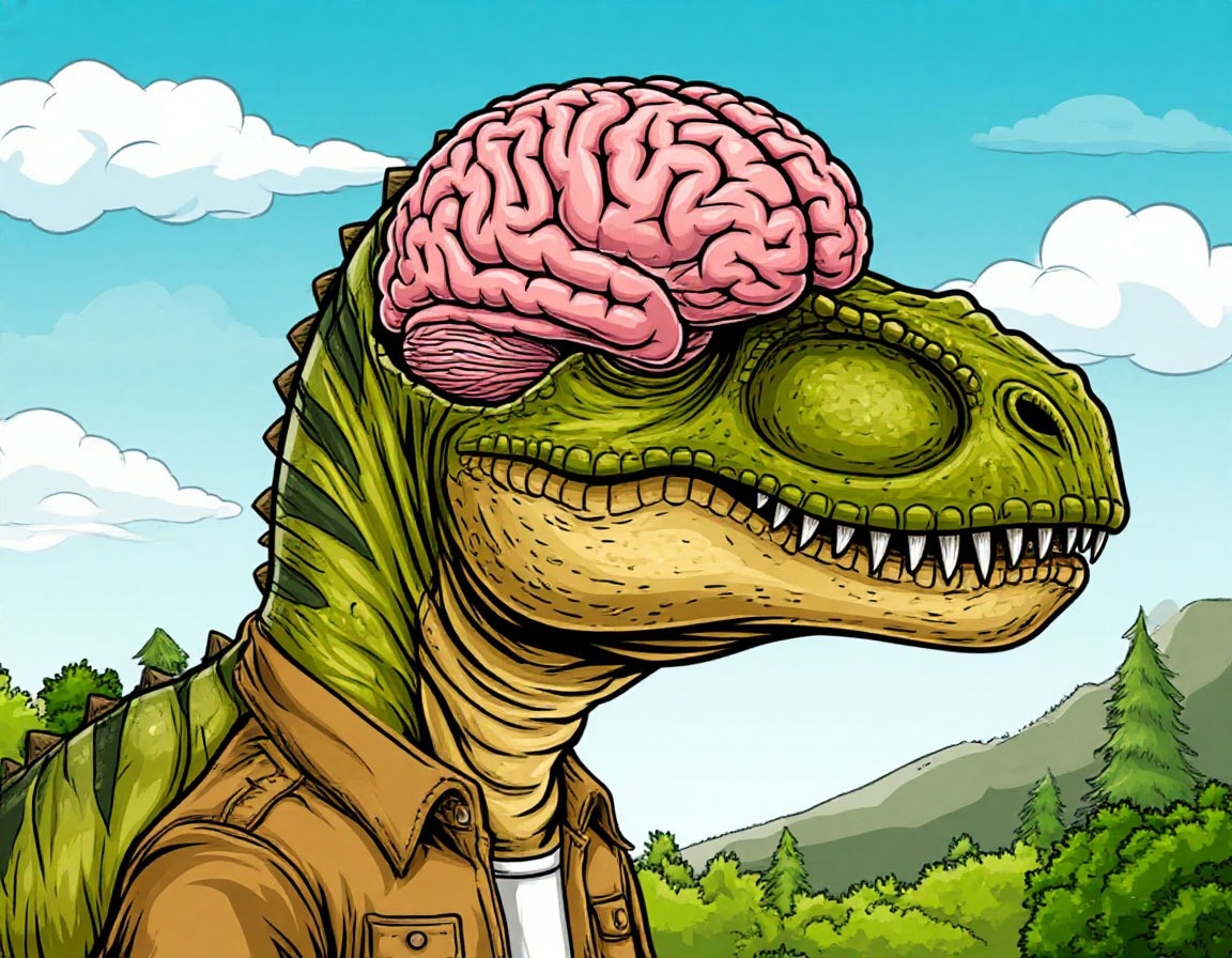 «Твой мозг — как наследие динозавров: древние механизмы, современные задачи. Он всё ещё боится ошибиться… хотя теперь вместо саблезубых тигров мы боимся презентаций.» 