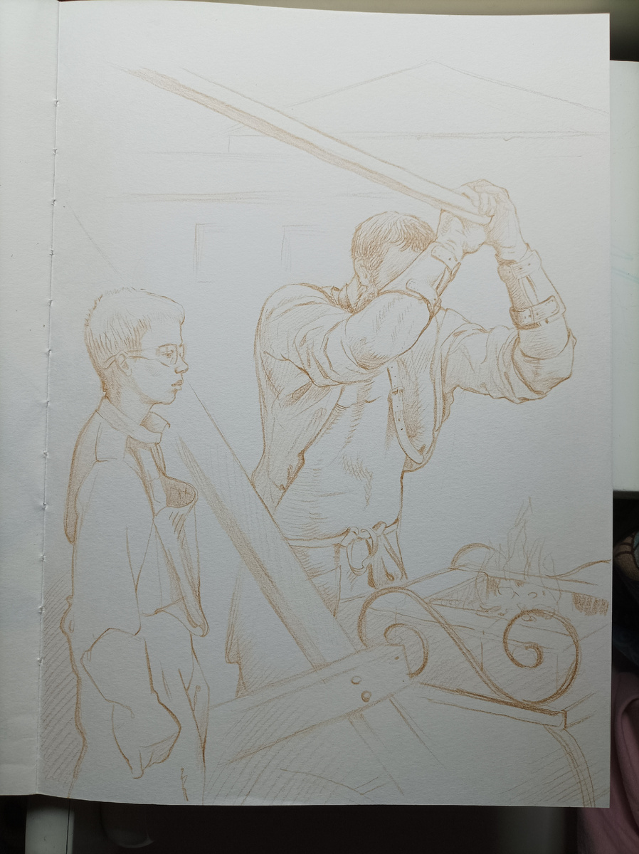 Кузнец и подмастерье Лев. Кузнец дует в мехи, чтобы усилить пламя в горне .