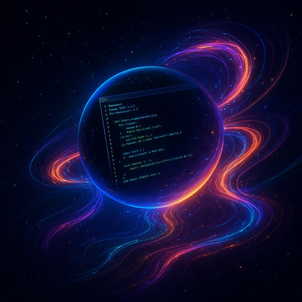Абстрактная сфера-терминал парит в космосе, выпуская сияющие потоки кода — визуализация того, как открытый AI-агент Gemini CLI расширяет границы привычного командного окна и выводит разработчиков в новое «космическое» пространство возможностей.